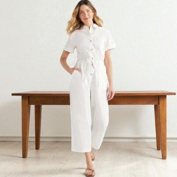 Free Assembly Ladies Bright White Short Sleeve Wide Leg Utility Jumpsuit NWT L - Picture 1 of 14